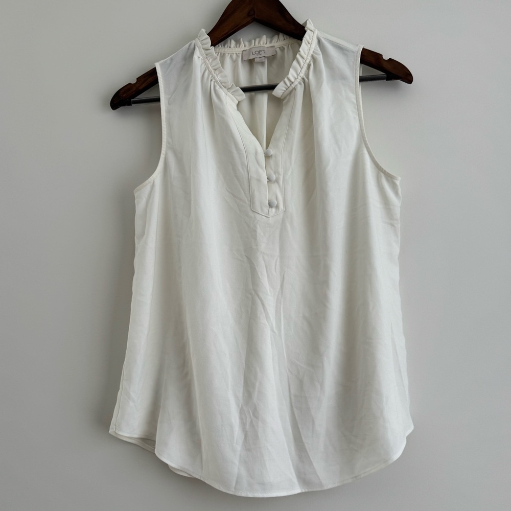 LOFT Sleeveless White Blouse with Ruffles